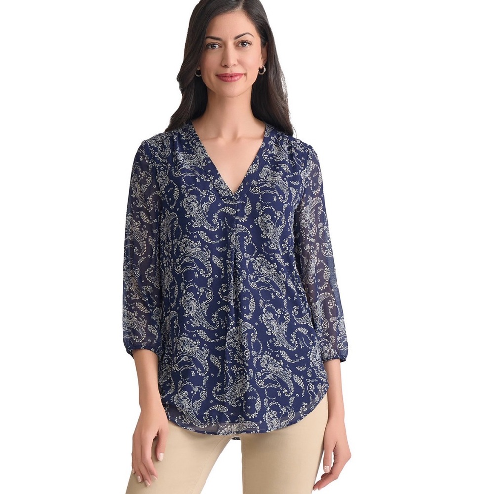 Jones New York Navy and White Paisley V-Neck Blouse
